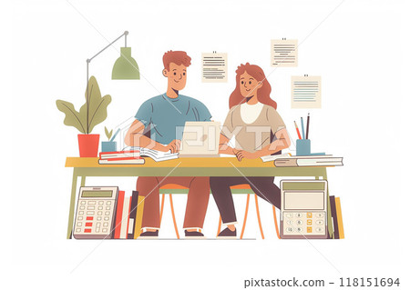 Couples calculating finances, budgeting concept, flat vector illustration 118151694