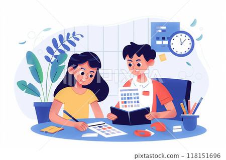 Family budget management, couple reviewing income and expenses, flat vector illustration Family budget management, couple reviewing income and expenses, flat vector illustration 118151696