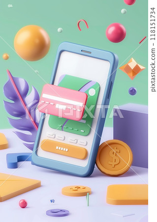 Online payment app, smartphone transaction design, 3D animation illustration 118151734