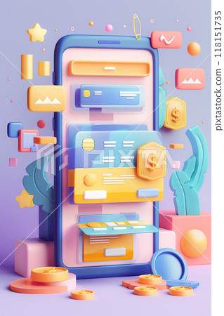 Online payment system, mobile app transaction design, 3D animation illustration 118151735