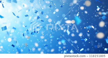Blue confetti falling on a blue background with bokeh and copy space for design. 118151805