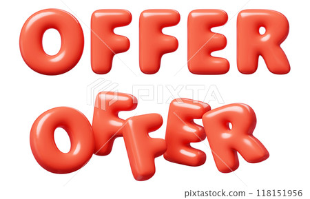 Offer red Inflatable flying word for promotion design. 3D render illustration of sale and discount floating text design element. Balloon cartoon volumetric sign for special offer advertising. 118151956