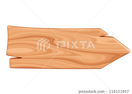 Wooden arrow plaque with cracks for text box. Cartoon 3d render illustration of signboard with brown wood texture. Vintage rustic timber plank, nameplate or board frame with fracture. 118151957