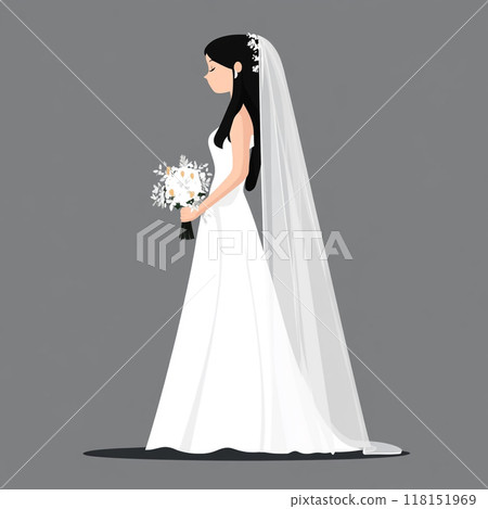 Flat illustration of a white bride silhouette, holding a bouquet and veil, simple and minimal on a grey background. 118151969