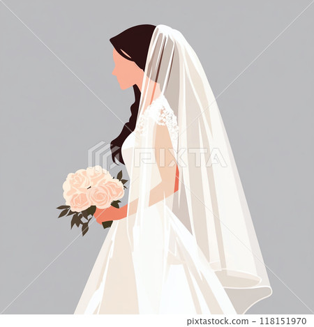Flat illustration of a white bride silhouette, holding a bouquet and veil, simple and minimal on a grey background. 118151970