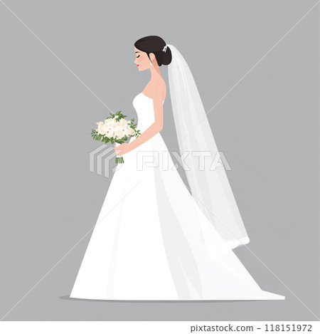 Flat illustration of a white bride silhouette, holding a bouquet and veil, simple and minimal on a grey background. Flat illustration of a white bride silhouette, holding a bouquet and veil, simple and minimal on a grey background. 118151972