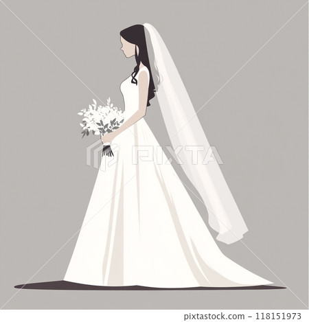 Flat illustration of a white bride silhouette, holding a bouquet and veil, simple and minimal on a grey background. 118151973