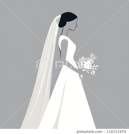 Flat illustration of a white bride silhouette, holding a bouquet and veil, simple and minimal on a grey background. 118151978