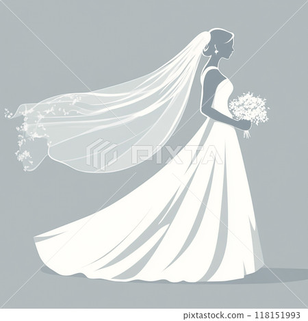 Flat illustration of a white bride silhouette, holding a bouquet and veil, simple and minimal on a grey background. 118151993