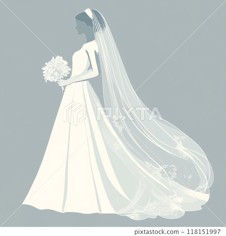 Flat illustration of a white bride silhouette, holding a bouquet and veil, simple and minimal on a grey background. 118151997
