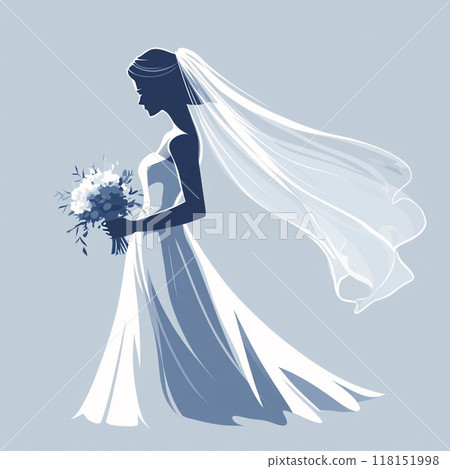 Flat illustration of a white bride silhouette, holding a bouquet and veil, simple and minimal on a grey background. 118151998