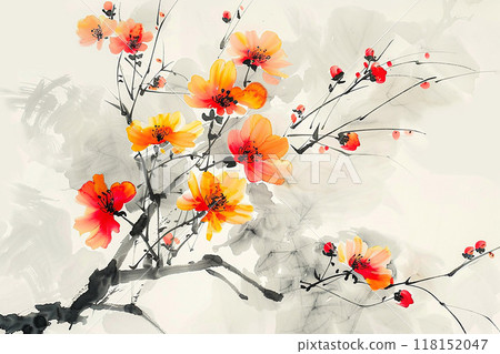 Chinese brushstroke wildflower cluster, elegant design, white background 118152047