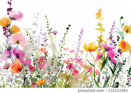 Chinese brushstroke wildflower garden, vibrant and delicate, white background 118152065