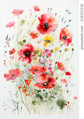 Wildflowers in watercolor, artistic and elegant, white backdrop 118152116