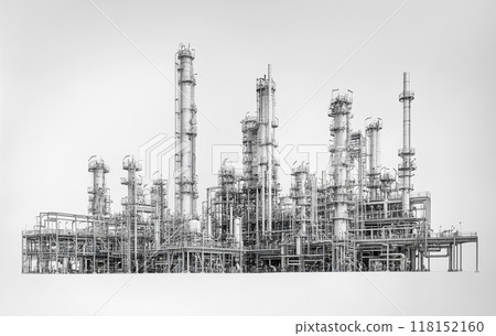 Black and white image of an industrial petrochemical plant against a white background. Black and white image of an industrial petrochemical plant against a white background. 118152160