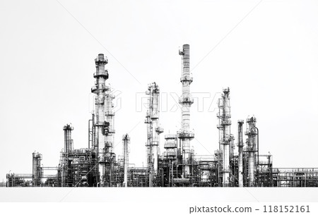 Black and white image of an industrial petrochemical plant against a white background. Black and white image of an industrial petrochemical plant against a white background. 118152161