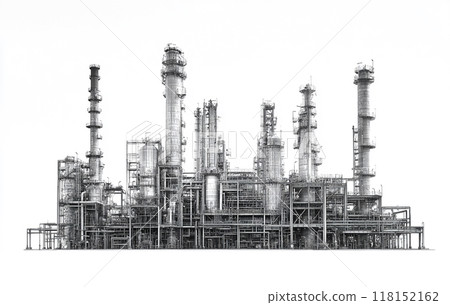 Black and white image of an industrial petrochemical plant against a white background.  118152162