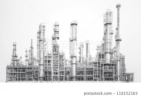 Black and white image of an industrial petrochemical plant against a white background. Black and white image of an industrial petrochemical plant against a white background. 118152163