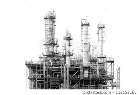 Black and white image of an industrial petrochemical plant against a white background.  118152165