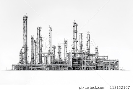 Black and white image of an industrial petrochemical plant against a white background.  118152167