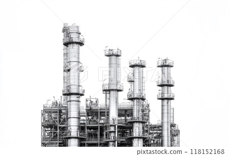 Black and white image of an industrial petrochemical plant against a white background.  118152168