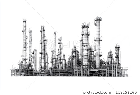 Black and white image of an industrial petrochemical plant against a white background.  118152169