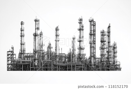 Black and white image of an industrial petrochemical plant against a white background. Black and white image of an industrial petrochemical plant against a white background. 118152170