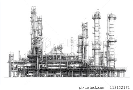 Black and white image of an industrial petrochemical plant against a white background. Black and white image of an industrial petrochemical plant against a white background. 118152171