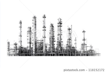 Black and white image of an industrial petrochemical plant against a white background.  118152172