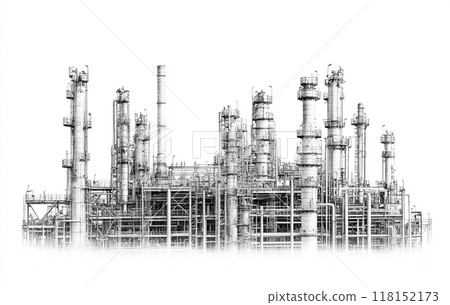 Black and white image of an industrial petrochemical plant against a white background. Black and white image of an industrial petrochemical plant against a white background. 118152173
