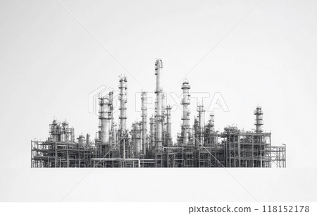Black and white image of an industrial petrochemical plant against a white background.  Black and white image of an industrial petrochemical plant against a white background.  118152178