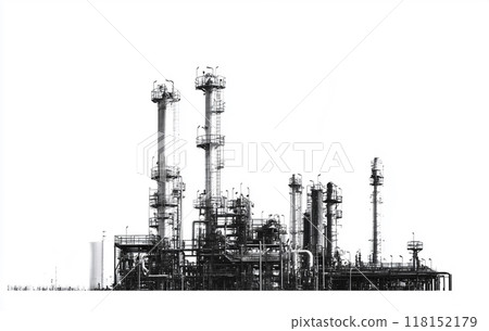 Black and white image of an industrial petrochemical plant against a white background.  Black and white image of an industrial petrochemical plant against a white background.  118152179