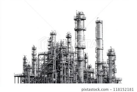 Black and white image of an industrial petrochemical plant against a white background.  Black and white image of an industrial petrochemical plant against a white background.  118152181