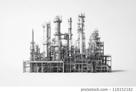 Black and white image of an industrial petrochemical plant against a white background.  Black and white image of an industrial petrochemical plant against a white background.  118152182