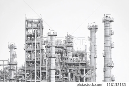 Black and white image of an industrial petrochemical plant against a white background.  Black and white image of an industrial petrochemical plant against a white background.  118152183