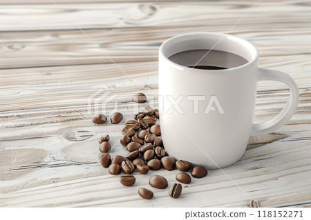 White mockup coffee cup with coffee beans on light wooden background, advertising, 3D render 118152271
