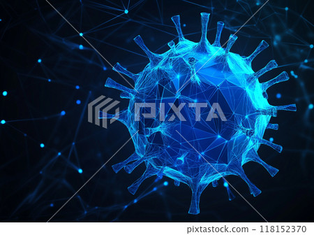 Abstract vector illustration depicting the concept of a virus, in blue color on a dark background, in the low-poly style. Abstract vector illustration depicting the concept of a virus, in blue color on a dark background, in the low-poly style. 118152370