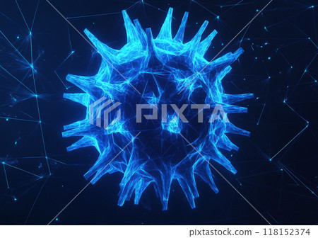 Abstract vector illustration depicting the concept of a virus, in blue color on a dark background, in the low-poly style. Abstract vector illustration depicting the concept of a virus, in blue color on a dark background, in the low-poly style. 118152374
