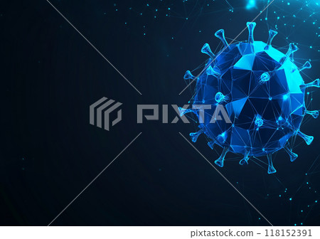 Abstract vector illustration depicting the concept of a virus, in blue color on a dark background, in the low-poly style. 118152391
