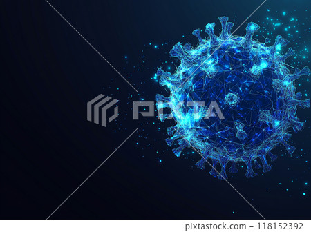 Abstract vector illustration depicting the concept of a virus, in blue color on a dark background, in the low-poly style. Abstract vector illustration depicting the concept of a virus, in blue color on a dark background, in the low-poly style. 118152392