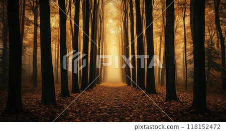 A mystical forest with tall trees, bathed in golden light filtering through the foggy atmosphere. A mystical forest with tall trees, bathed in golden light filtering through the foggy atmosphere. 118152472