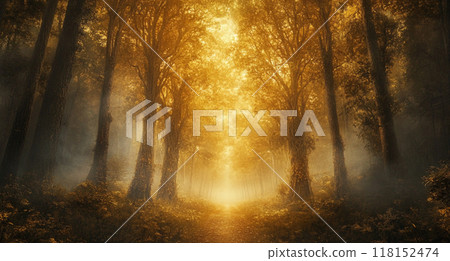 A mystical forest with tall trees, bathed in golden light filtering through the foggy atmosphere. 118152474