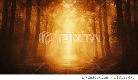 A mystical forest with tall trees, bathed in golden light filtering through the foggy atmosphere. A mystical forest with tall trees, bathed in golden light filtering through the foggy atmosphere. 118152475