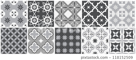 Collection of seamless geometric mosaic patterns - trendy monochrome tile textures. Decorative ornamental black and white backgrounds. Vector repeatable endless prints 118152509