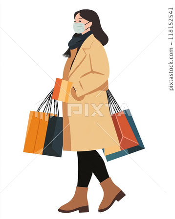 A woman wearing a medical mask, walking and shopping with several bags in her hands. A woman wearing a medical mask, walking and shopping with several bags in her hands. 118152541