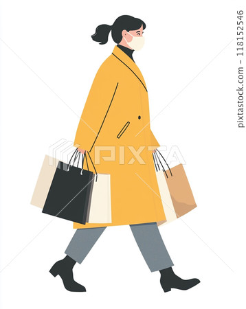 A woman wearing a medical mask, walking and shopping with several bags in her hands. 118152546