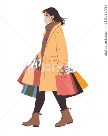 A woman wearing a medical mask, walking and shopping with several bags in her hands. 118152555