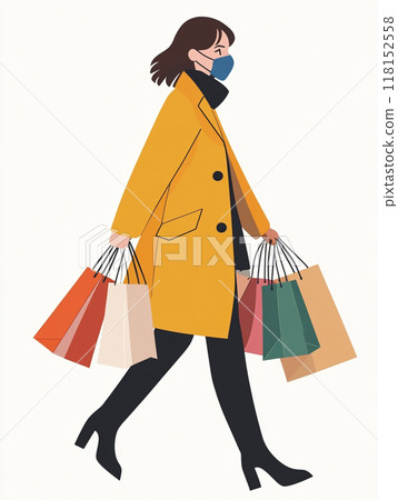 A woman wearing a medical mask, walking and shopping with several bags in her hands. A woman wearing a medical mask, walking and shopping with several bags in her hands. 118152558
