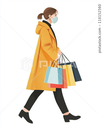 A woman wearing a medical mask, walking and shopping with several bags in her hands. A woman wearing a medical mask, walking and shopping with several bags in her hands. 118152560