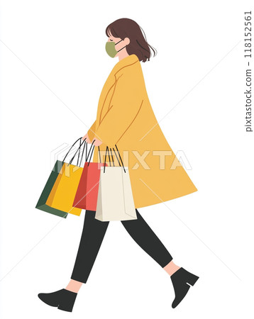 A woman wearing a medical mask, walking and shopping with several bags in her hands. 118152561